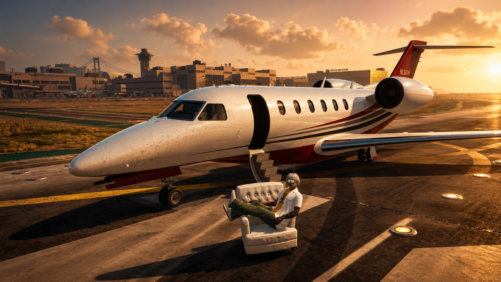 Private jet at sunset